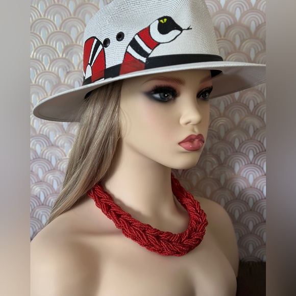 NWOT- Handmade Beaded & Braided multi strand Red seed bead necklace-Adjustable - Picture 2 of 7